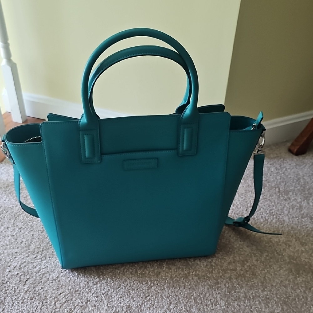 VB Leather Teal Zipper Tote With Shoulder Strap